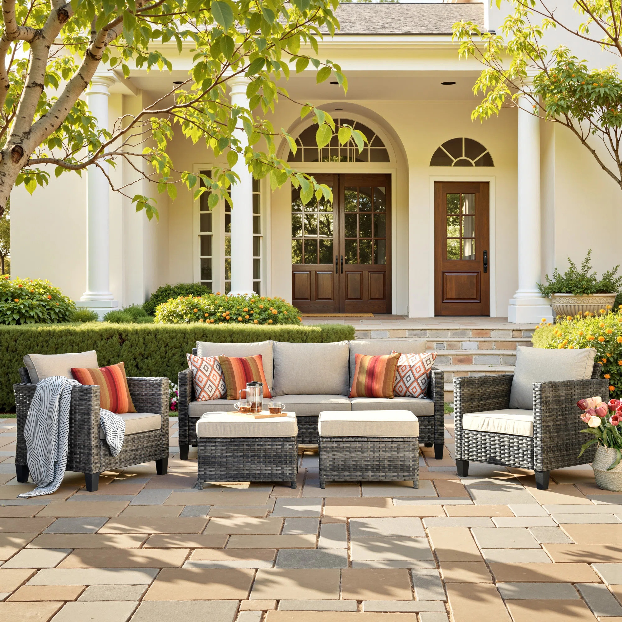 Harbin Wicker 5 Piece Rattan Sofa Seating Group with Cushions with Armchairs | Wayfair North America