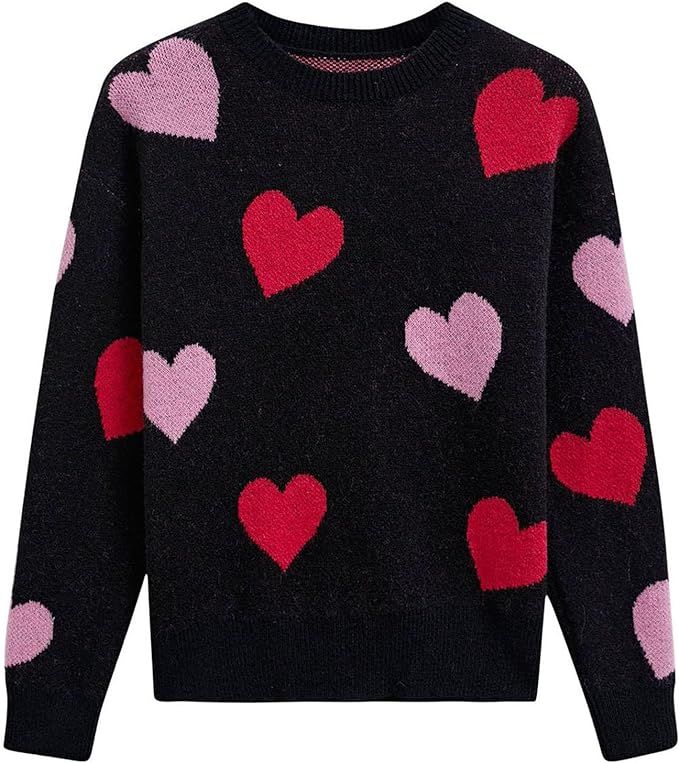 CHICWISH Women Pullover Sweater Heart Pattern Knit Sweaters Casual Cute Crewneck Long Sleeve Chun... | Amazon (US)
