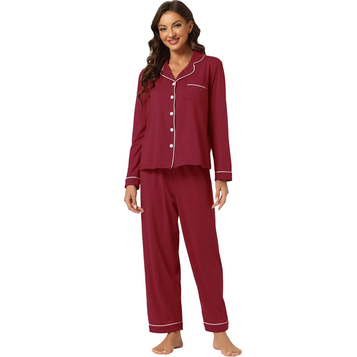 cheibear Women's Long Sleeves Button Down Top with Pants Lounge Pajamas Set | Target