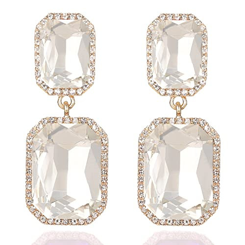 VANGETIMI Vintage Rhinestone Statement Earrings Fancy Big Crystal Rectangle Drop Dangle Earrings Evening Prom Pageant Jewelry Earrings for Women (Clear) | Amazon (US)
