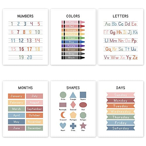 UNXIS Set of 6 Alphabet Poster, Abc Chart, Number Chart Educational Posters For Classroom Homeschool Preschool Supplies, for Kids Ages 3-5 Baby Girl Nursery Wall Decor. | Amazon (US)