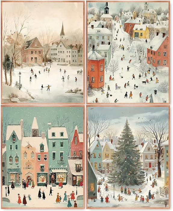 laveliabel Christmas Winter Village Wall Art Prints Set of 4 Unframed, Vintage Xmas Wall Decor, W... | Amazon (US)
