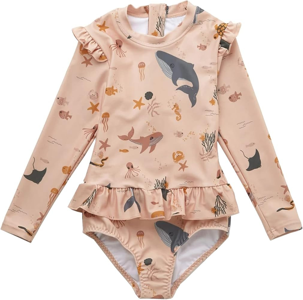 HOMILLE Girls Rash Guard Swimsuit One Piece Long Sleeve Striped Toddler Girl Full Cover Ruffle Bathi | Amazon (US)