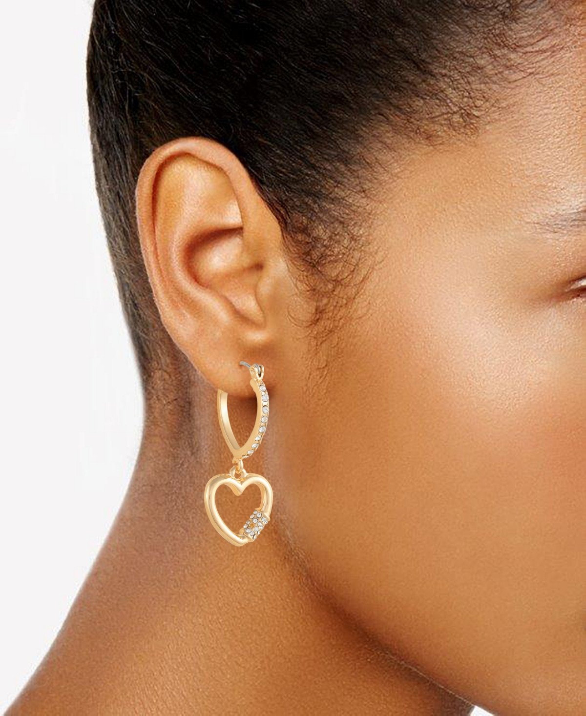 Guess Gold-Tone Pave Hoop Earring with Heart Charm 1 Â½" - Gold | Macy's
