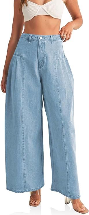PLNOTME Womens Baggy High Waisted Jeans Loose Boyfriend Wide Leg Side Pleated Denim Pants | Amazon (US)