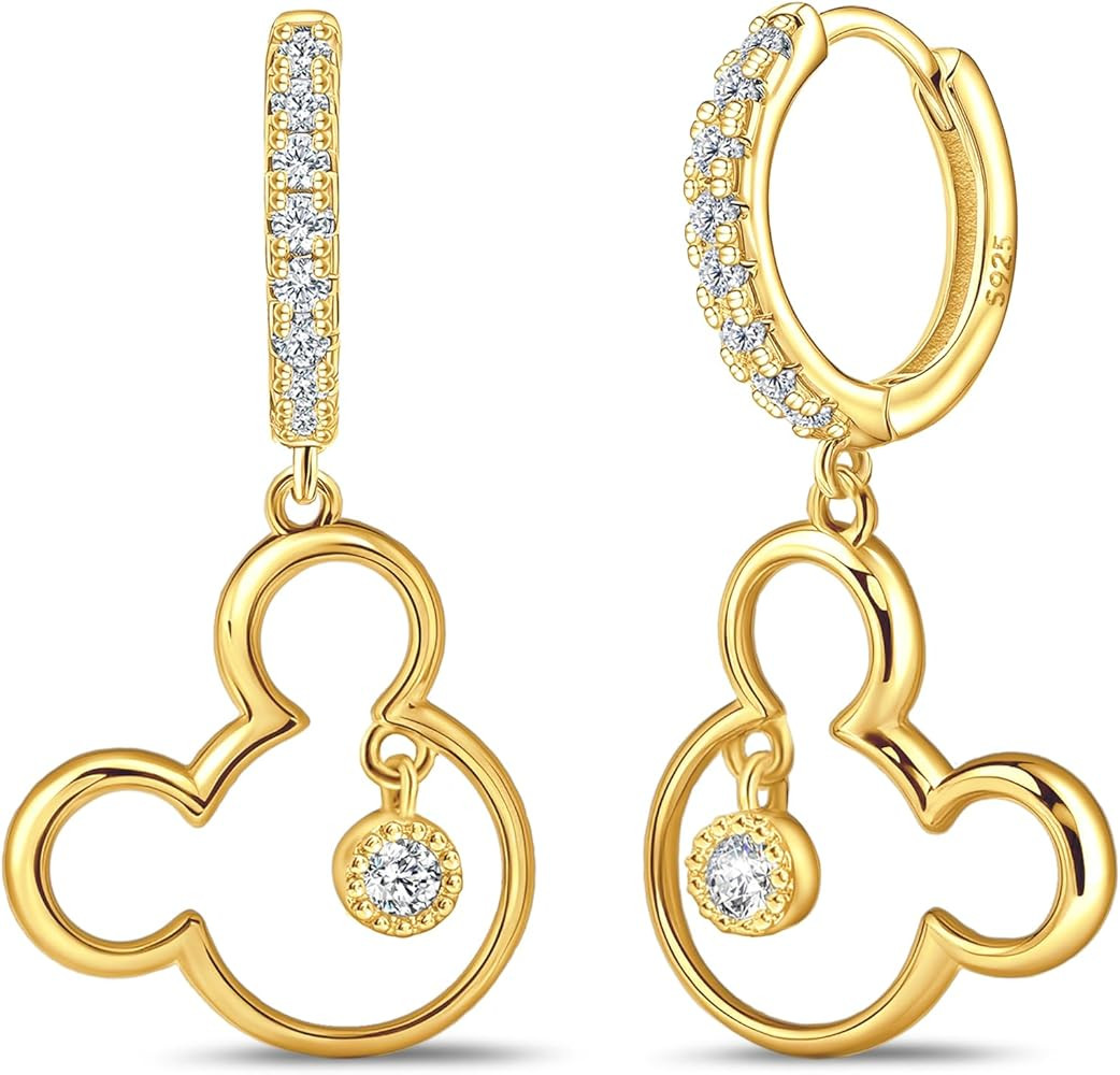 Mouse Earrings for Women Sterling Silver Plated Gold Mouse Dangle Hoop Earrings Sparkling CZ Luck... | Amazon (US)