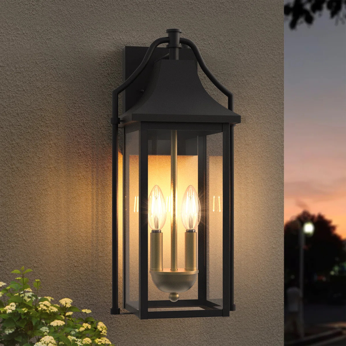 Alvester 2 - Light 18''H Black and Gold Iron Tempered Glass ETL Outdoor Wall Lantern with Dusk to... | Wayfair North America