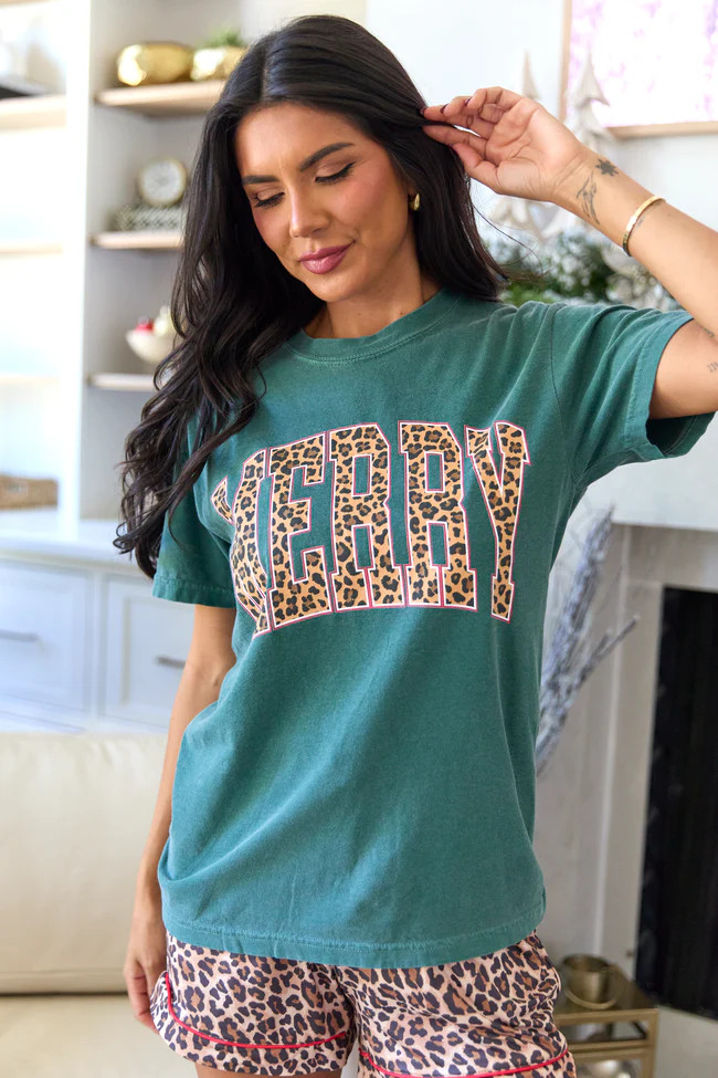 Merry Block Leopard Dark Green Graphic Tee | Pink Lily