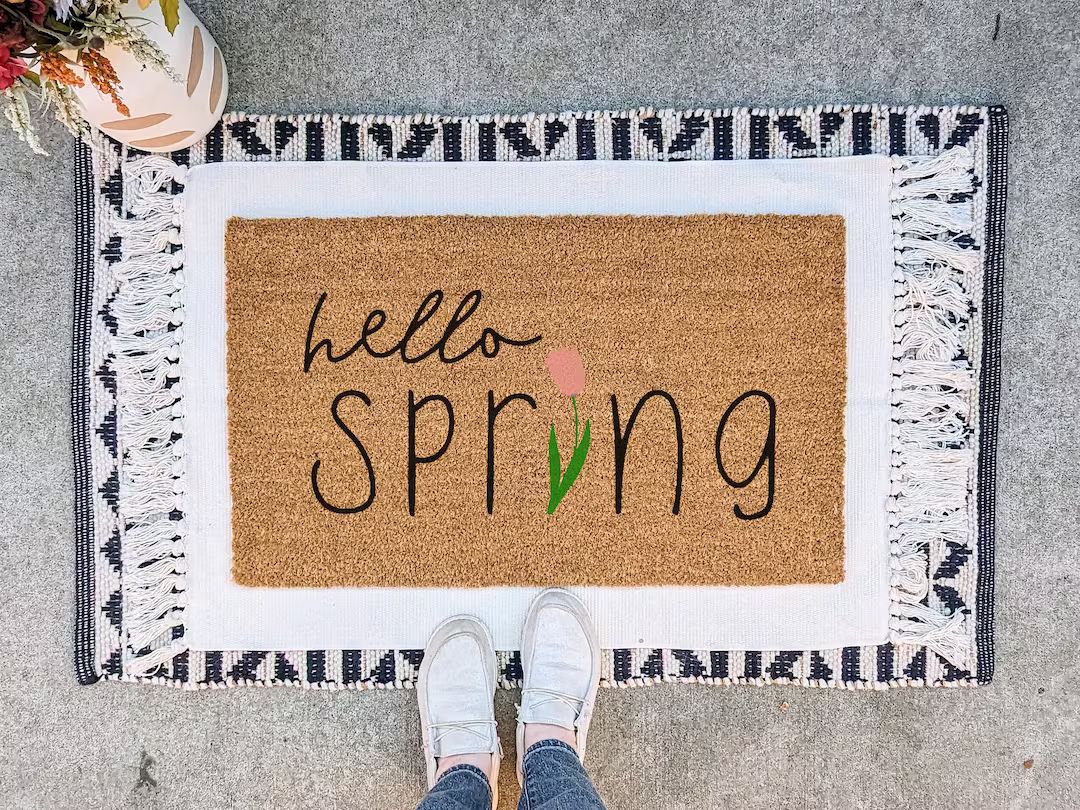 Hello Spring Doormat, Floral Easter Front Porch Decor, Spring Welcome Mat, Outdoor Welcome Mat, T... | Etsy (US)