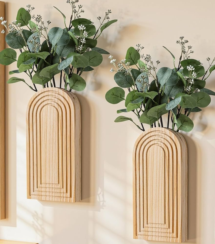 DREAMLOOM 2 Pack Wooden Wall Vases with Fake Plants, Wall Hanging Planters Boho Modern Farmhouse ... | Amazon (US)