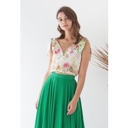 Vivid Flower Embroidered Tie-Strap Wrapped Top | Chicwish