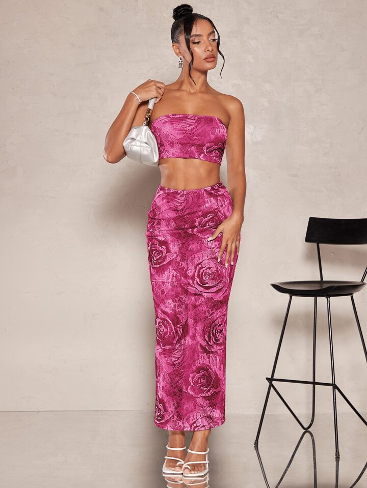 SHEIN BAE Floral Print Crop Tube Top & Skirt | SHEIN
