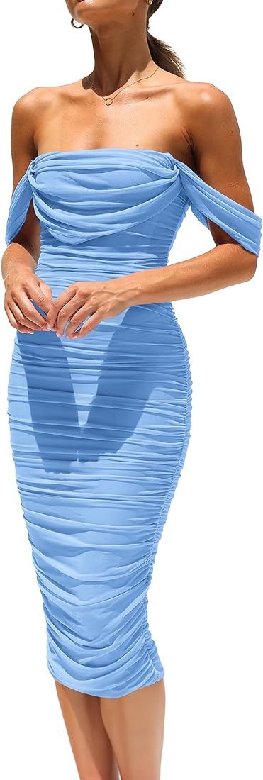Women's Summer Off The Shoulder Ruched Bodycon Dresses Sleeveless Fitted Party Club Midi Dress | Amazon (US)