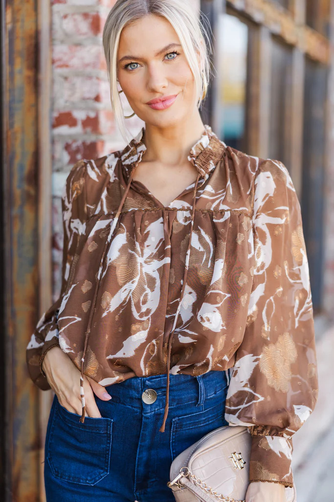Give You A Try Camel Brown Floral Blouse | The Mint Julep Boutique