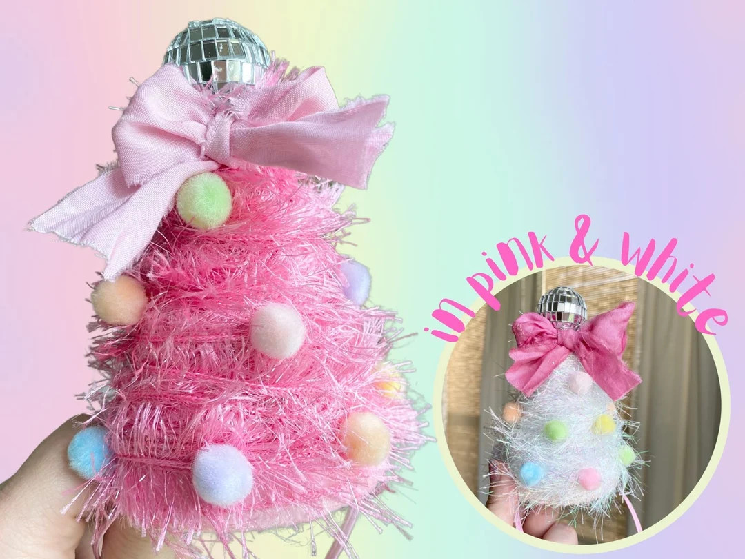 Pom Pom Christmas Tree Party Hat Pink White Tinsel Christmas - Etsy | Etsy (US)