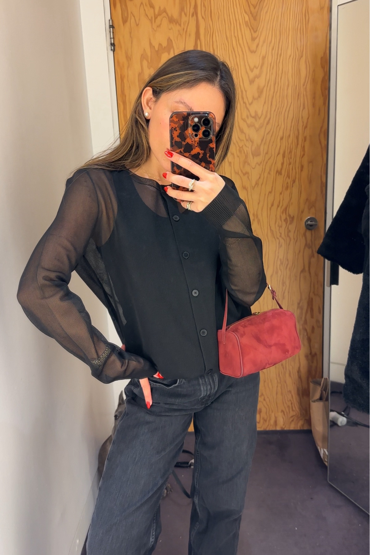 Sheer black cardigan, black cardigan, ootd , holiday look, holiday outfit inspo, casual look, chic look 

#LTKwinter #LTKautumn
