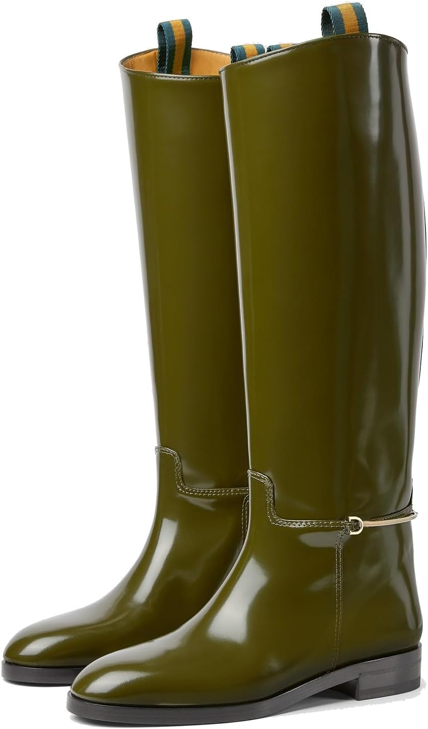 Women's Knee High Boots Chunky Heel Pull On Pointed Toe Riding Boots Sewing Label Ankle Chain Comfortable Winter Fashion Flat Boots Ladies | Amazon (US)
