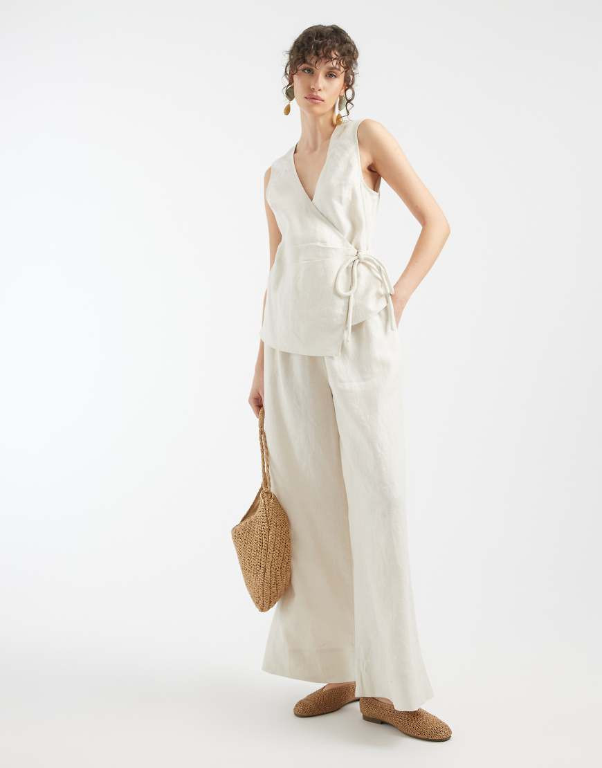 ASOS DESIGN 100% linen wrap jumpsuit in stone-Multi | ASOS (Global)