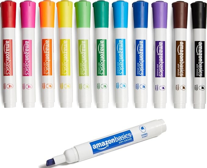 Amazon Basics Dry Erase Whiteboard Markers, Chisel Tip, Low-Odor, Assorted Colors, 12-Pack, Erase... | Amazon (US)