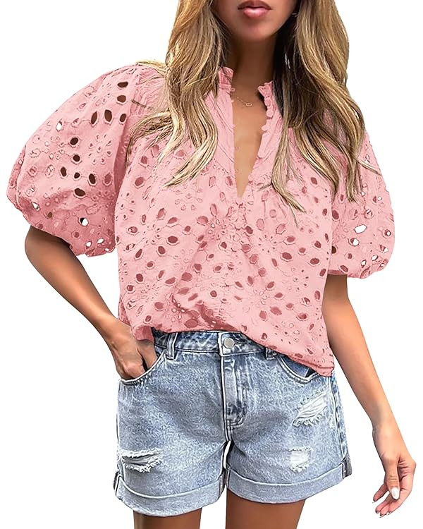PRETTYGARDEN Women's Summer Tops 2025 Dressy Casual Short Sleeve V Neck Buttons Hollow Out Lace E... | Amazon (US)