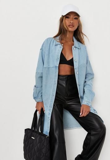Missguided - Blue Colorblock Panel Oversized Denim Shirt | Missguided (US & CA)