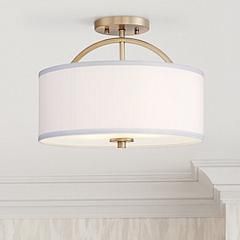 Possini Euro Halsted 15" Brass with White Linen Shade Ceiling Light | Lamps Plus