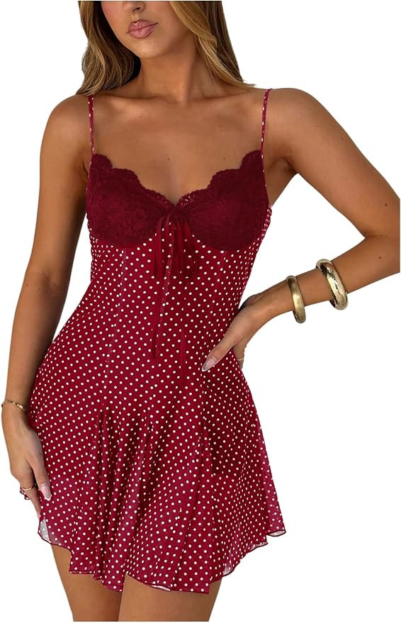 GORGLITTER Women's Y2k Polka Dots Mini Dress Lace Mesh Bow Tie Front V Neck A Line Coquette Dress... | Amazon (US)