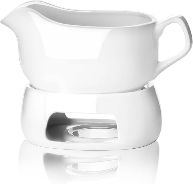 Nucookery Large 18 Oz Gravy Boat with Warmer, White Fine Porcelain Saucier with Big Dripless Lip ... | Amazon (US)