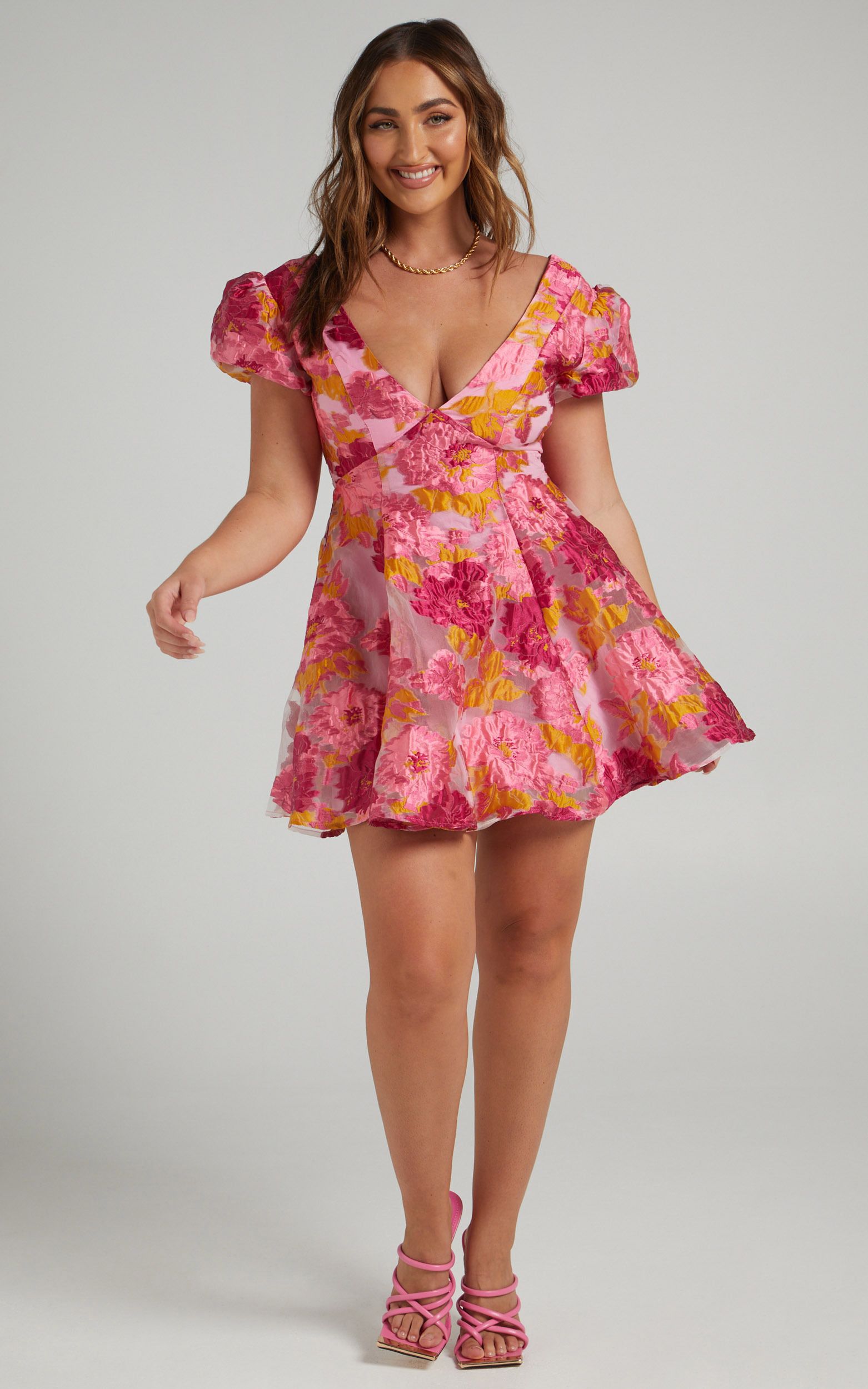 Lydia Jacquard Puff Sleeve Mini Dress in Pink | Showpo - deactived