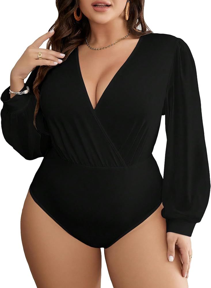 SOLY HUX Women's Plus Size Bodysuit V Neck Bishop Long Sleeve Wrap Bodysuit Tops | Amazon (US)