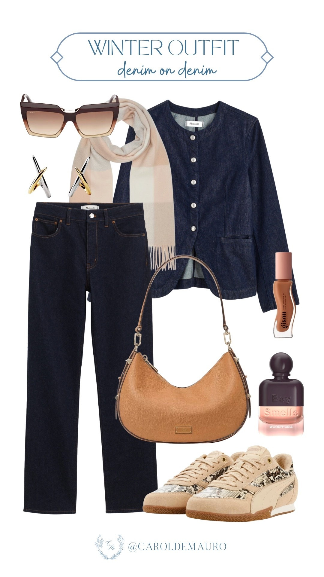 No better fit for strolling through the city than a denim-on-denim outfit! Wear a trendy Puma sneaker, neutral shoulder bag, chic sunglasses, and a spritz of perfume.

winter outfit, streetwear, casual chic, everyday style, weekend vibes, clean fit, winter layering, outfit inspo

#LTKBeauty #LTKU #LTKSeasonal