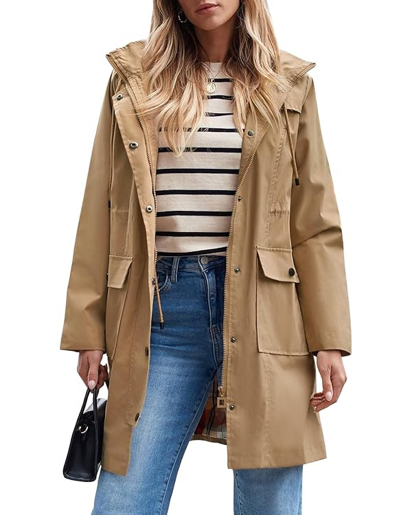 SaphiRose Women's Waterproof Rain Jacket Long Raincoat Hooded Windbreaker Trench Coat | Amazon (US)