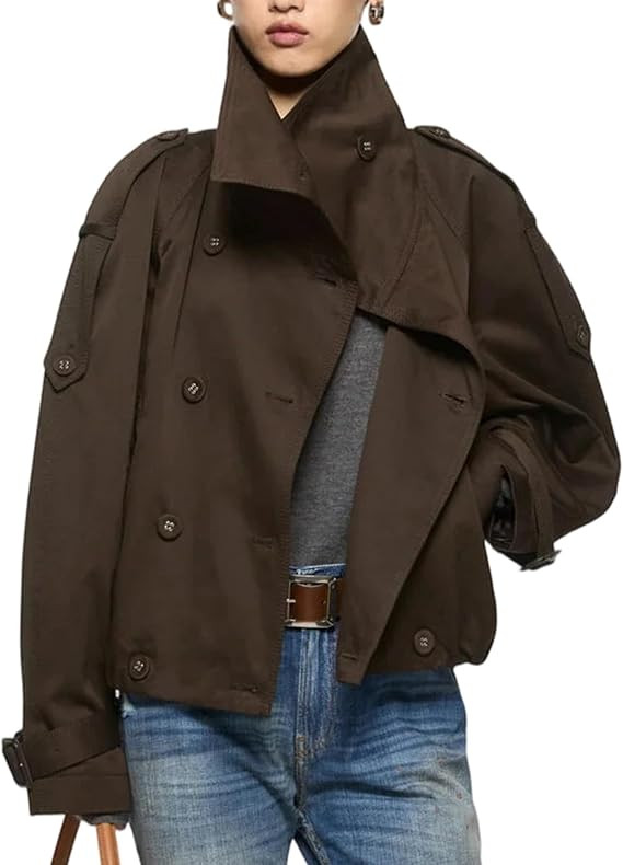 Womens Cropped Trench Coat Funnel Neck Double Breasted Pleated Hem Trendy Fall Outfits Spring Jac... | Amazon (US)