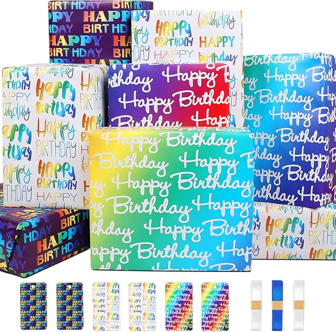 Wrapping Paper Birthday Wrapping Paper with Gradient Multi Colour "Happy Birthday" Text Design, B... | Amazon (CA)