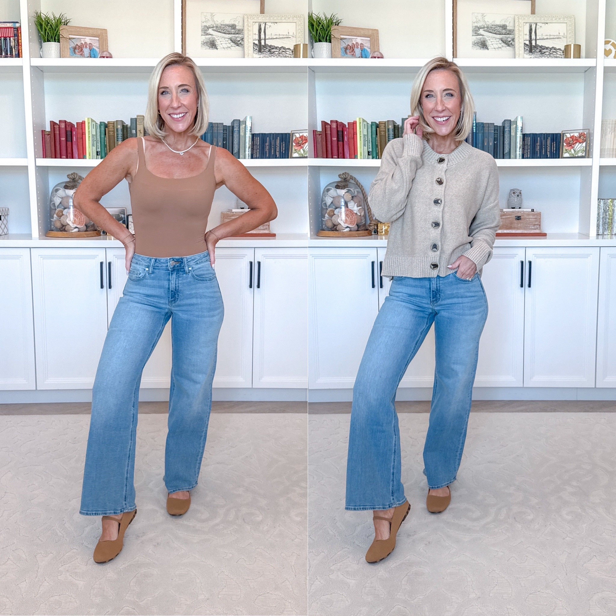 Quince - denim & dresses (pieces I loved so much, I re-ordered!) * 100% Organic Cotton Cropped Cardigan - size Small. Color: Cement Marl. * Second Skin Square Neck Tank Bodysuit - size Small. Color: Mocha. 1. Bella Stretch Wide Leg Jeans - Size: 25 - Inseam: 28. Color: Frosted Blue (12 colors!). #quincepartner @quince

 

 