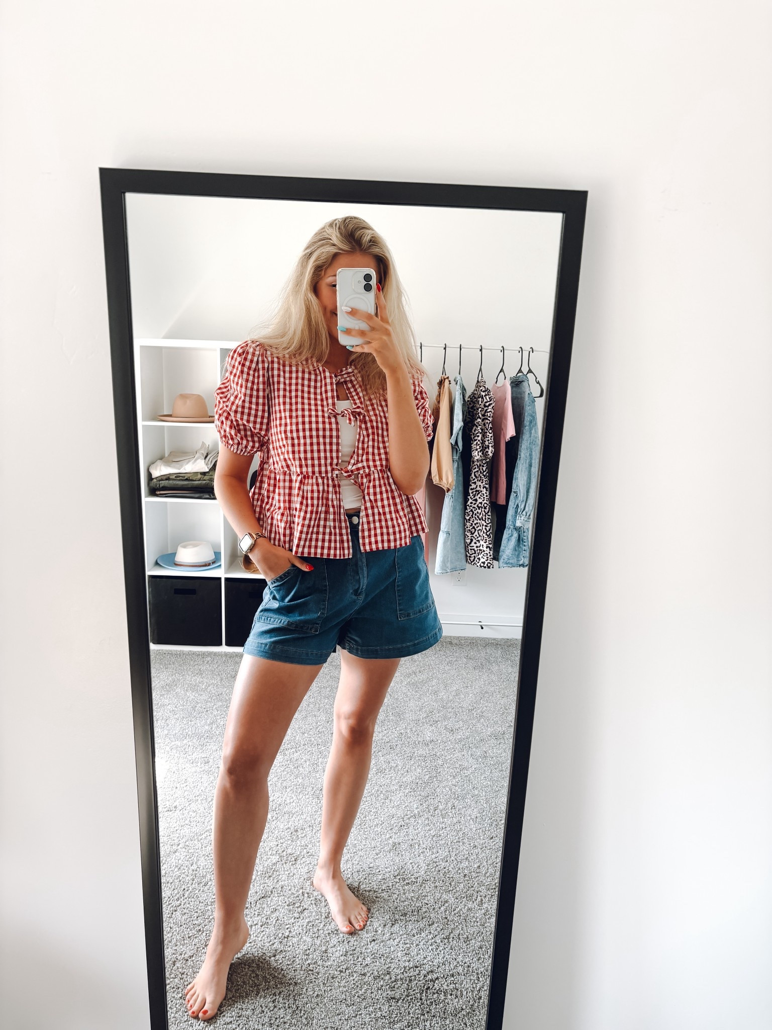 Fourth of July outfit idea!
Red gingham top: true to size, wearing M 
Jean Shorts: true to size 

| summer outfit | red white blue | Fourth of July outfit | patriotic outfit 

#LTKSeasonal #LTKFindsUnder100
