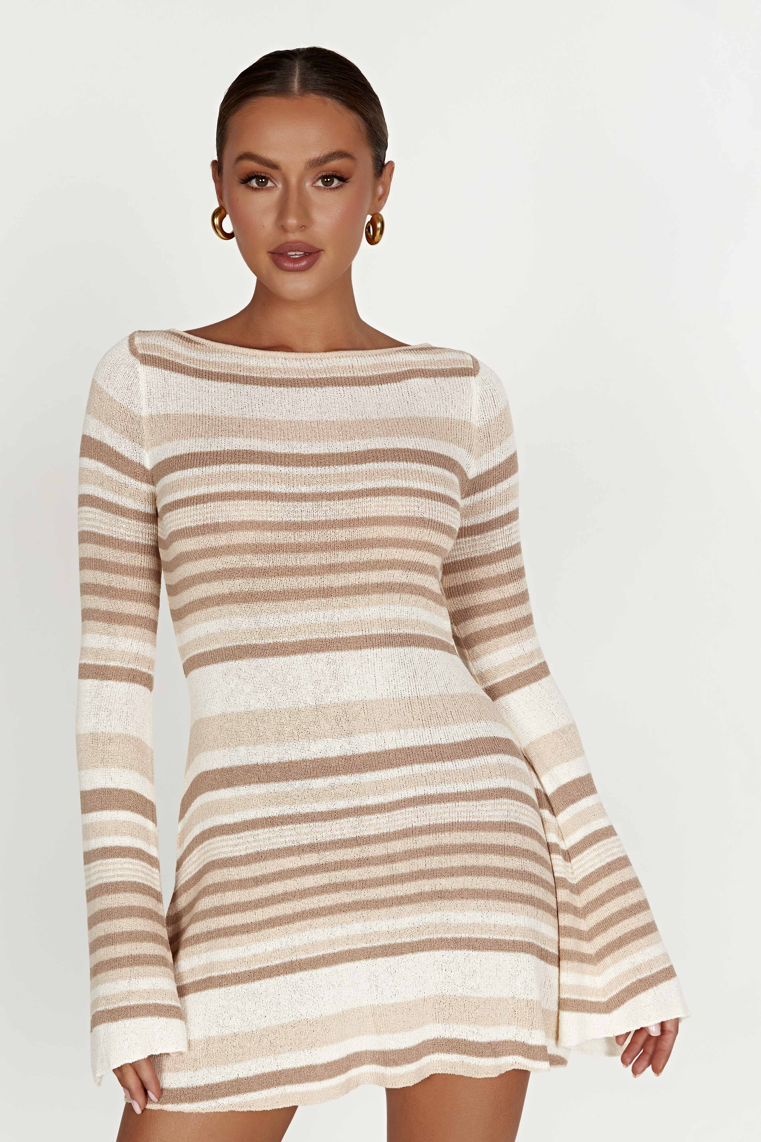 Zahra Long Sleeve Open Back Mini Knit Dress - Cream | MESHKI US