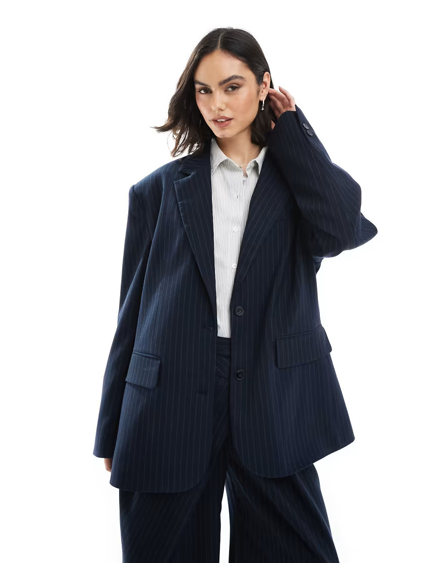 Bershka ultra oversized blazer in navy stripe - part of a set-Blue | ASOS (Global)