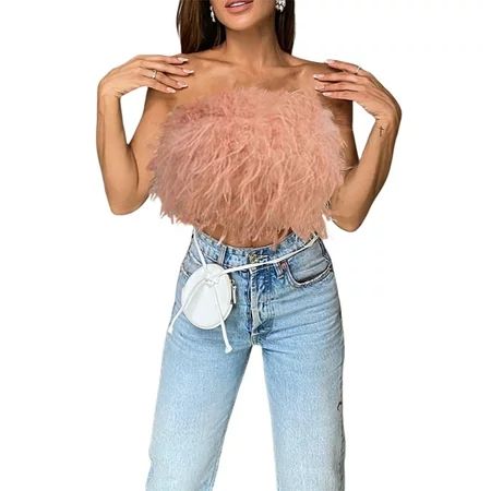 YiLvUst Women Feather Strapless Tube Tops Sleeveless Solid Faux Fur Crop Top Party Clubwear Tank Top | Walmart (US)