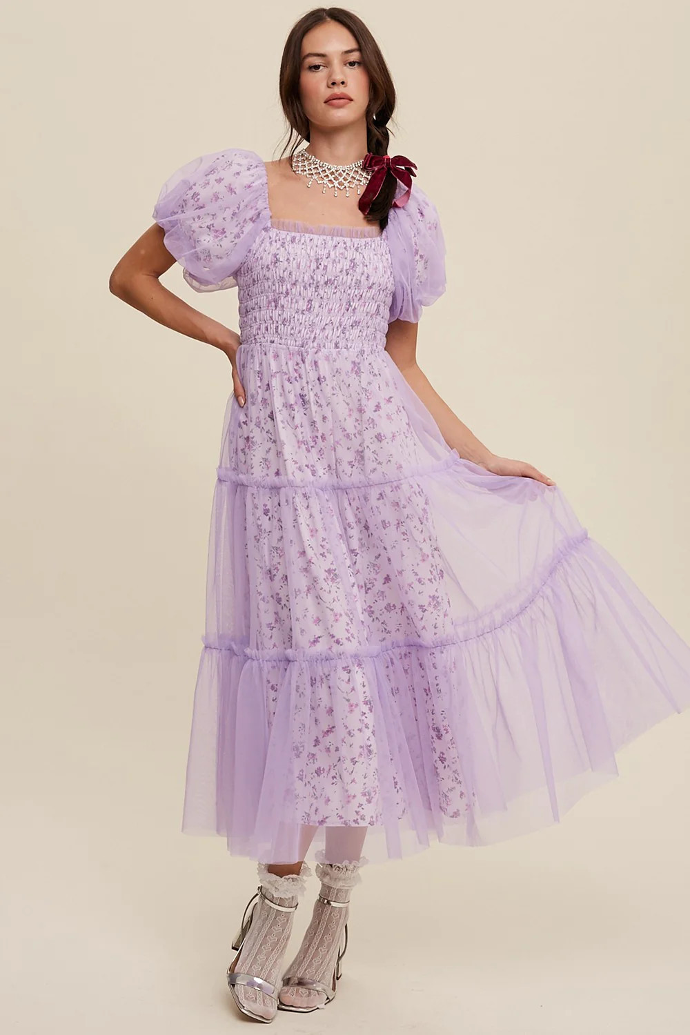 Lavender Floral Lined Smocked Tulle Midi Dress | PinkBlush Maternity