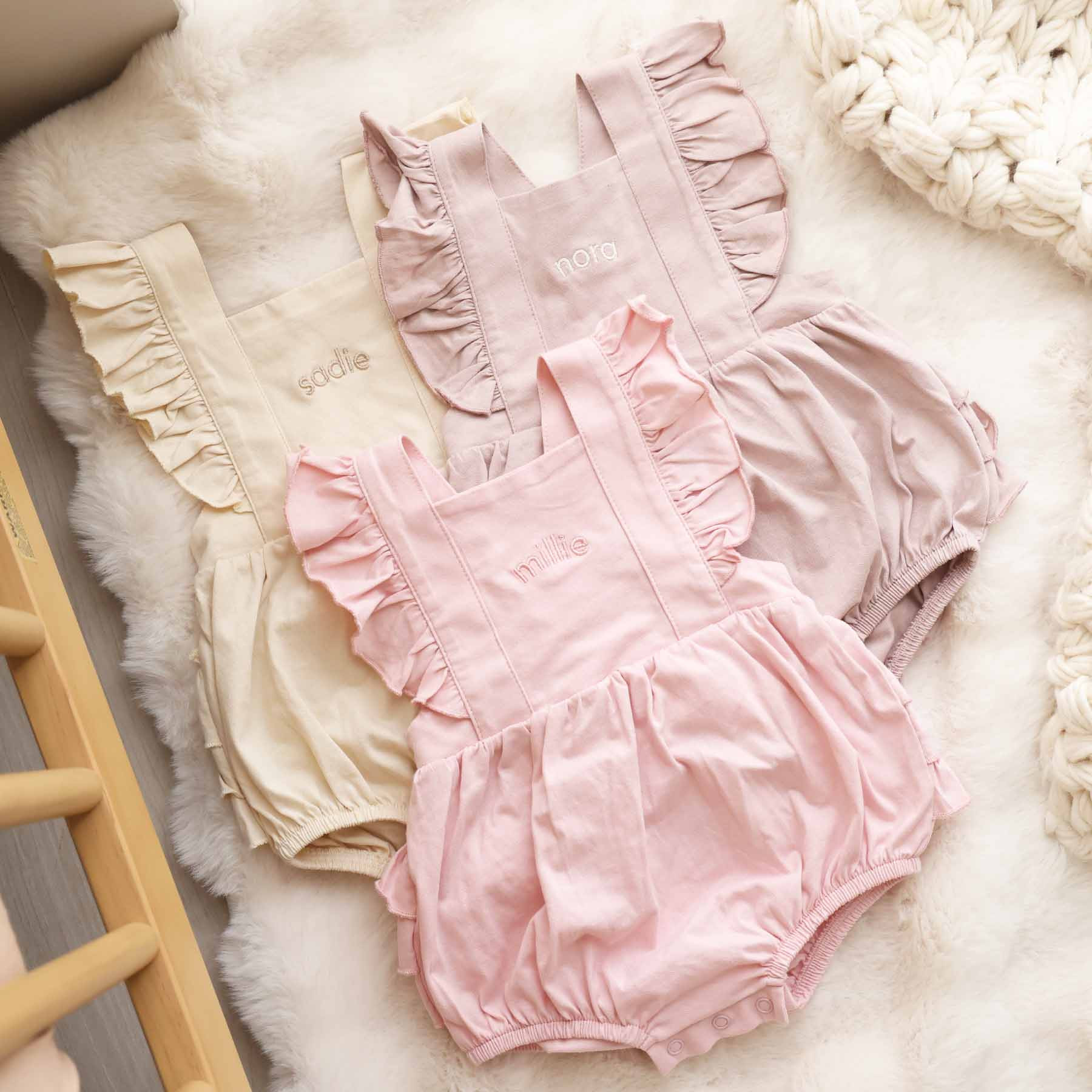 Embroidered Cross Back Ruffle Bubble Romper | Caden Lane