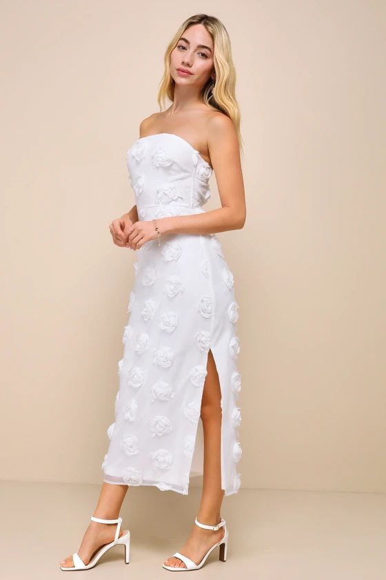 Posh Appearance White 3D Floral Applique Strapless Midi Dress | Lulus