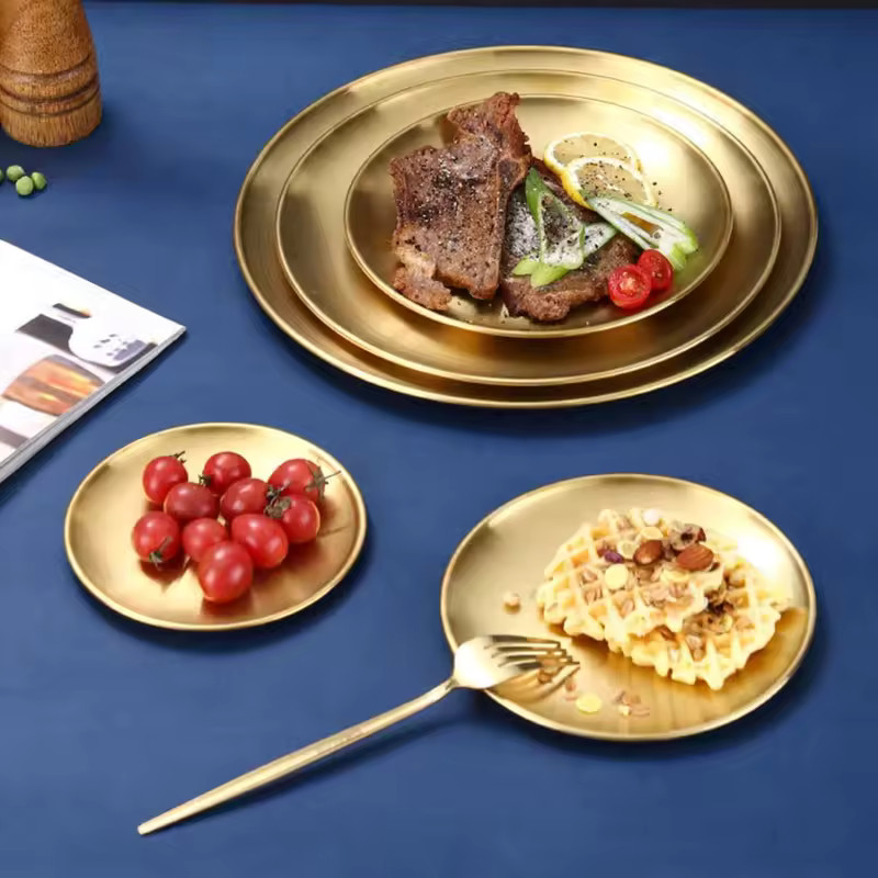 Bandeja de ouro e prata de alta qualidade, disco de jantar de aço inoxidável, pratos redondos d... | Ali Express BR