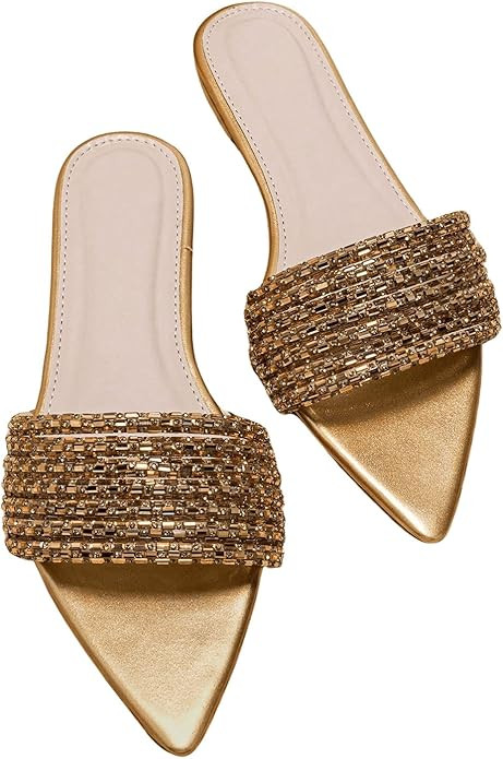 OYOANGLE Women's Rhinestone Pointed Open Toe Sandals Leather Sparkly Single Band Elegant Slide Sa... | Amazon (US)