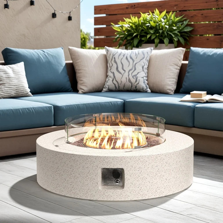 COSIEST Outdoor Round Terrazzo White Propane Fire Pit Coffee Table w Wind Guard (Tank Outside) | Walmart (US)