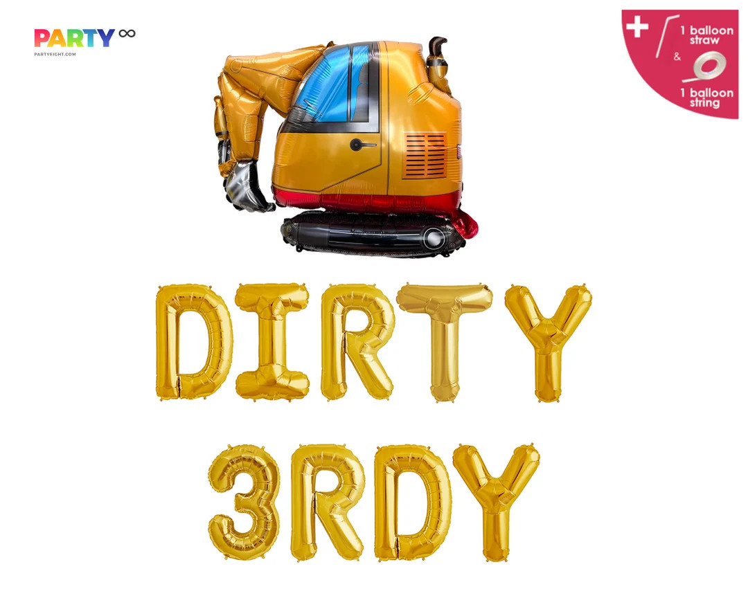 Dirty 3rdy Banner| Excavator 3rd Birthday Decor |Kids Birthday Letter Balloons | Third Birthday D... | Etsy (US)