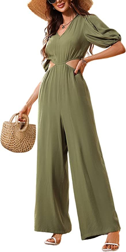 Ailoqing Womens Summer 1/2 Sleeve Jumpsuit Cut Out High Rise Wide Leg Romper | Amazon (US)