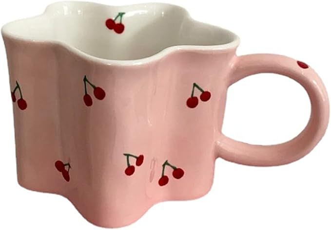 Women Girls Pink Flower Shape Cherry Mug Ceramic Coffee Mug Water Cup 350ml/12oz Cute Novelty Vin... | Amazon (US)