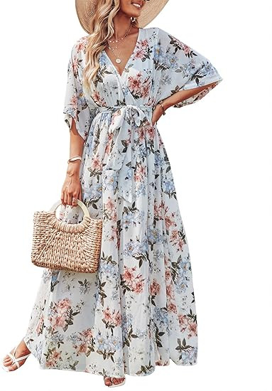ANRABESS Womens 1/2 Sleeve Beach Wedding Guest Maxi Dresses 2026 Summer Wrap V Neck Boho Floral F... | Amazon (US)