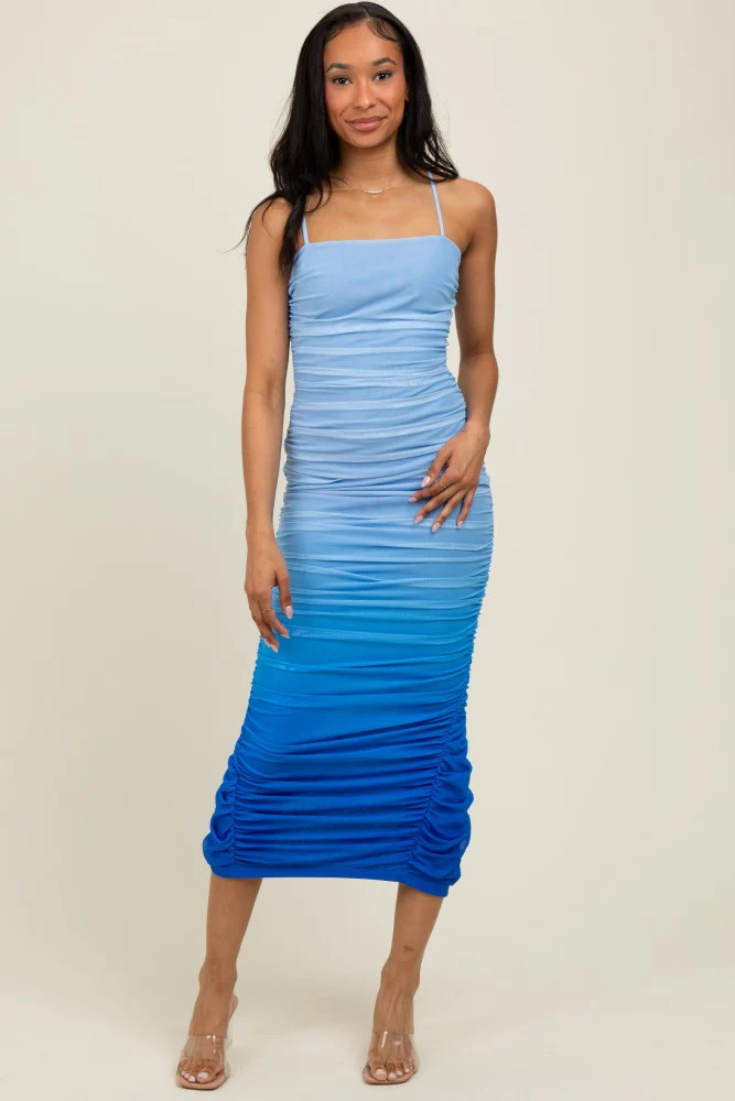 Blue Mesh Ombre Ruched Midi Dress | PinkBlush Maternity